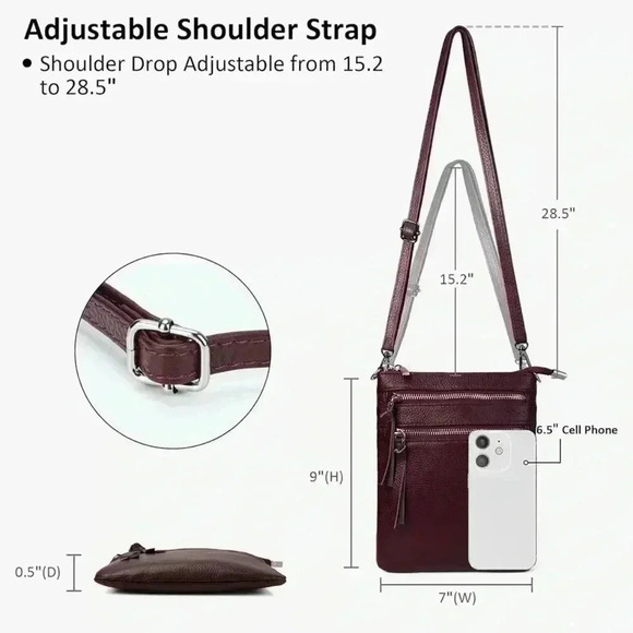 New befen pebbled Leather Crossbody Bag, Burgundy adjustable strap - Picture 4 of 10